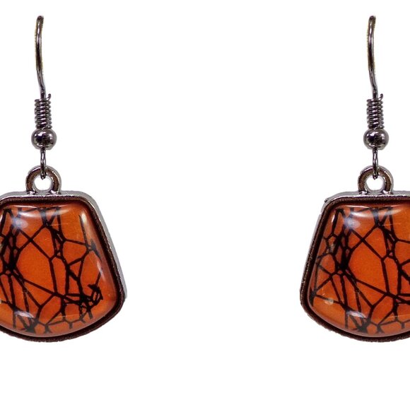 Large orange and black statment necklace and earring set w/ domed cabochon beads - Picture 6 of 7